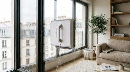Robot lave-vitre en fonctionnement sur une fenêtre de maison