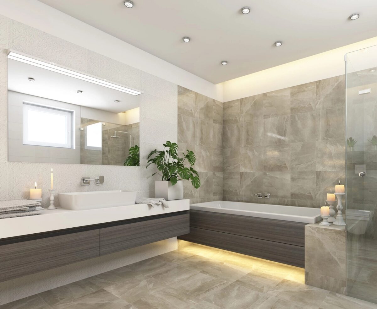 Panneaux muraux décoratifs posés dans une salle de bain moderne près d'une douche