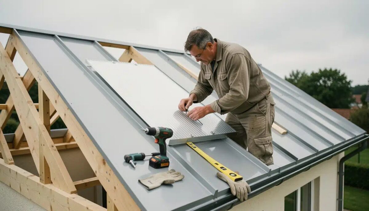 Toiture en bac acier gris avec rive latérale et faîtière posées en finition